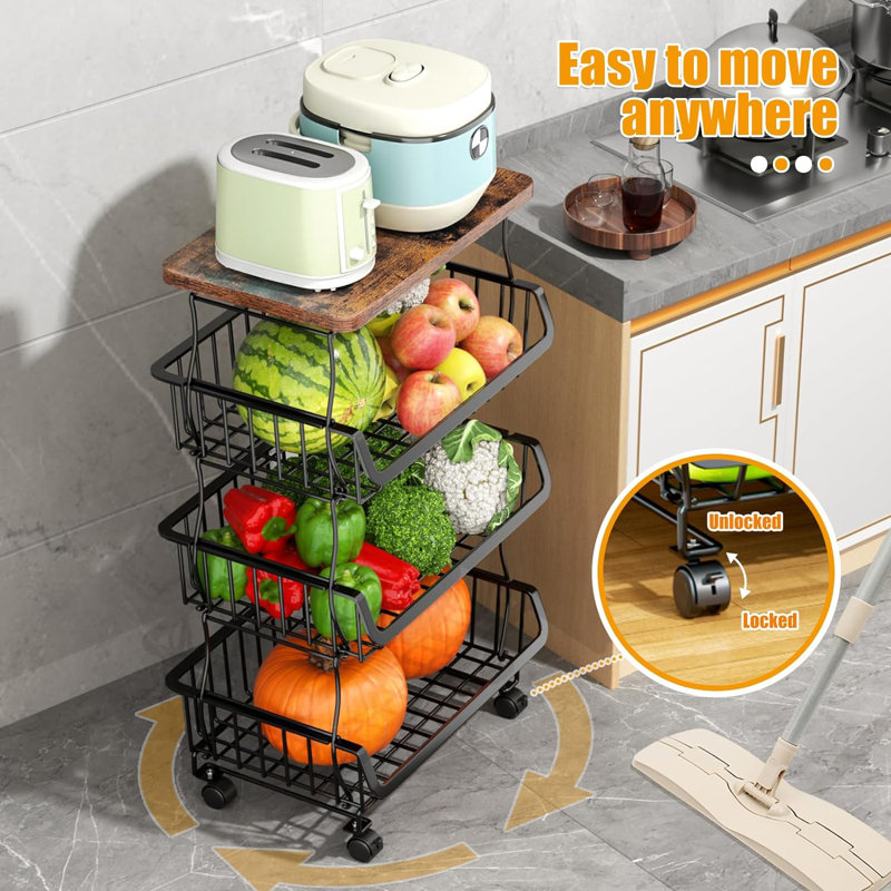 17 Stories Fruit Vegetable Basket For Kitchen 4 Tier Stackable Fruit Vegetable Storage Baskets With Wheels Metal Wire Storage Basket Organizer Cart For Kitchen Pantry Bathroom Wayfair
